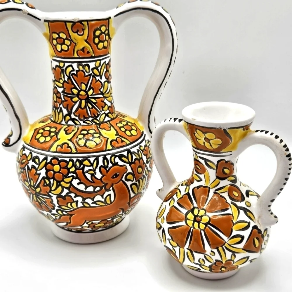 VINTAGE Handmade Theofilos Ceramic Rhodes Greece Pottery Deer Pitcher Vase Set